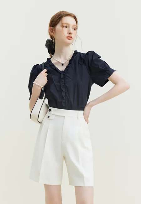 Office Lady Five Point Suit Shorts High Waist Button Decoration Pleated Design Loose Solid Shorts Twill Commuter Bottoms