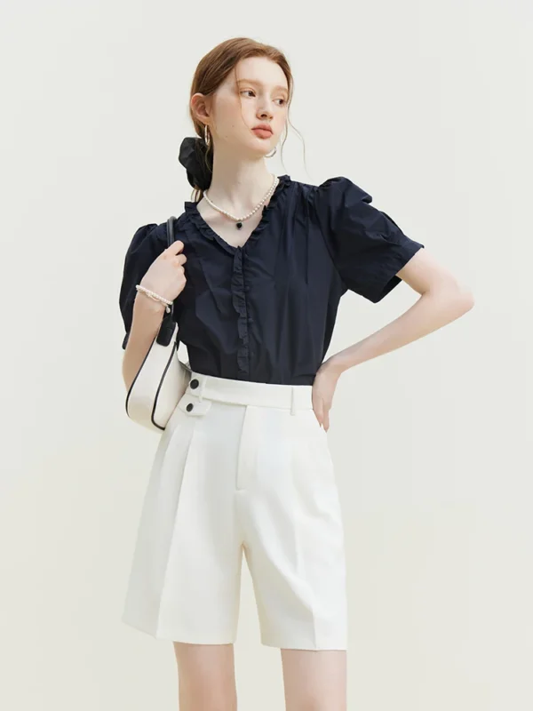 Office Lady Five Point Suit Shorts High Waist Button Decoration Pleated Design Loose Solid Shorts Twill Commuter Bottoms