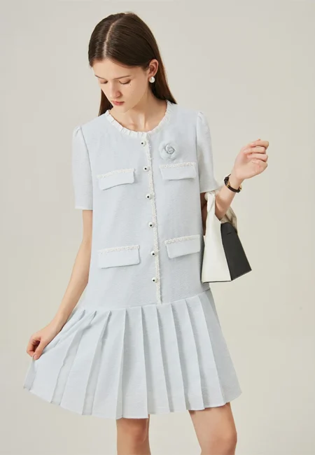 Office Lady Women Dress Summer New Classic Retro 3D Flower High Waist Women Blue Dress Casual Loose 24FS12436