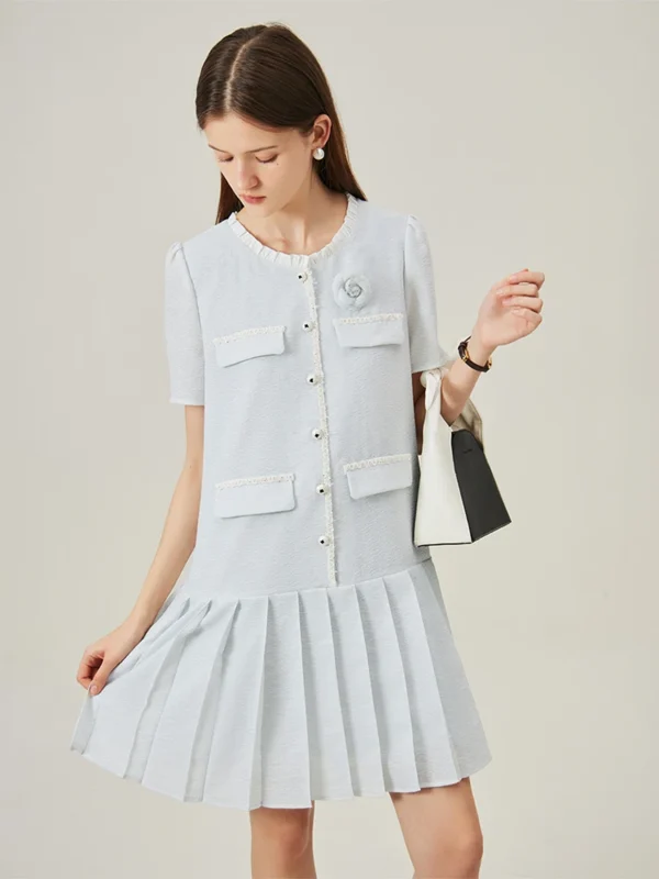 Sky Blue A-Line Midi Dress with 3D Flower Detail