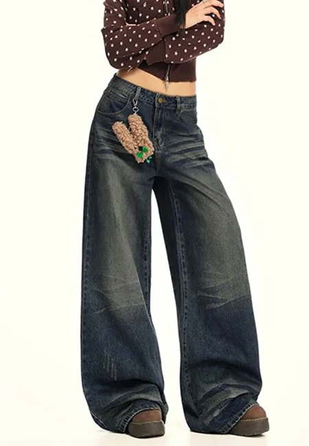 Retro Street Style Wide Leg Pants Niche Design Floor Length Pants High Waisted Loose Fit ming Jeans For Women