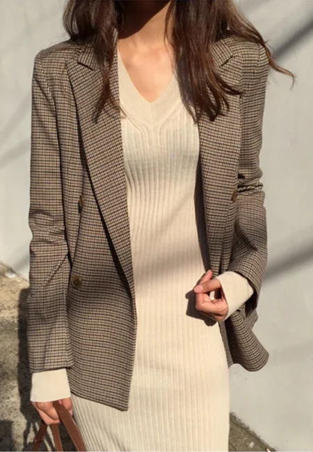 Vintage Double Breasted Office Ladies Plaid Blazer Long Loose Jacket Houndstooth Suit Coat Jacket Women blazers Female
