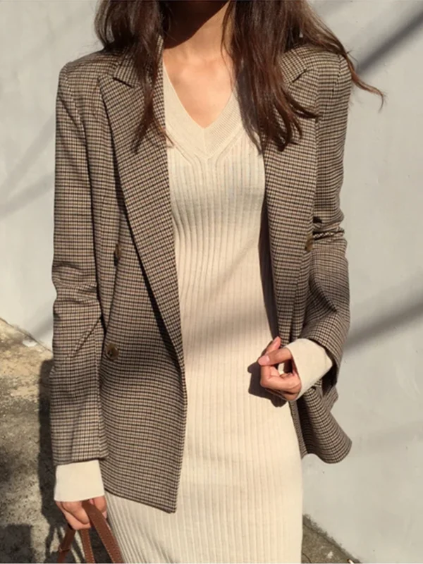 Vintage Double Breasted Office Ladies Plaid Blazer Long Loose Jacket Houndstooth Suit Coat Jacket Women Blazers Female