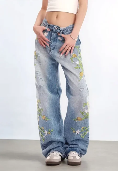 Vintage Floral Embroidery High Waist High Street Blue Straight Jeans Pants Fashion Women's Wide Leg Baggy Denim Trouser Y2K