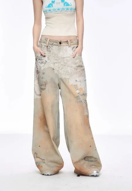 Vintage Printed Jeans Women Fashion New Floral Korean Hip Hop Denim Trousers Loose Casual Wide Leg Y2K high Street Pants