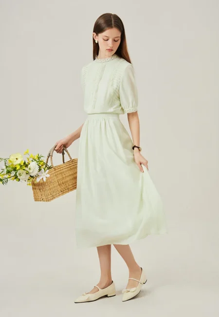 White Green French Court Style Short Sleeved Dress For Women's New Summer Dress Casual Loose Women Dress 24FS12456