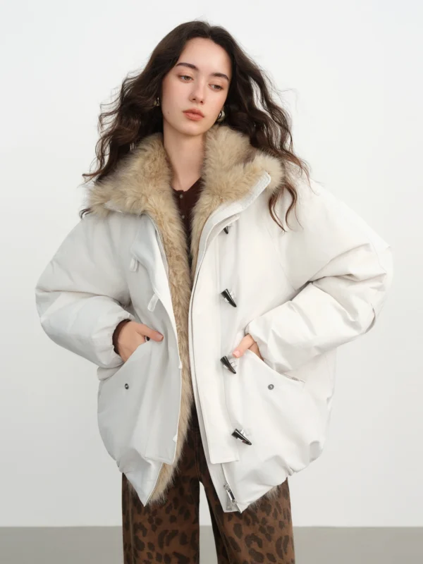 Winter Women Short Barn Style Jacket Oversized Utility Parka Coat Plush Fur Collar Multi Pockets For Casual Comfort