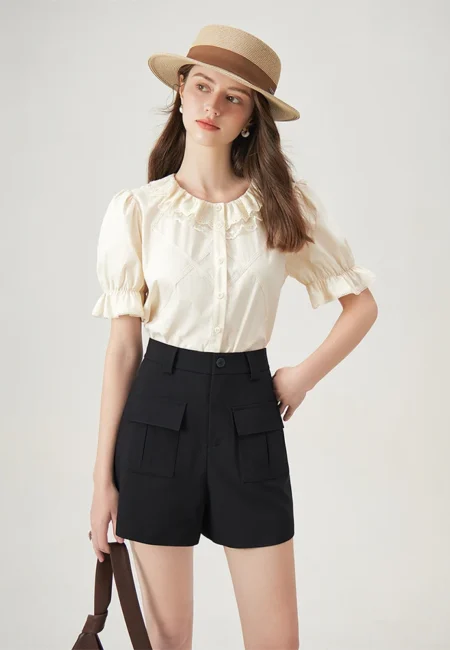 Women Black Shorts Summer Thin High Waist Female Commuter Mini Polyester Shorts Pocket Decoration Women Bottoms 24FS12961