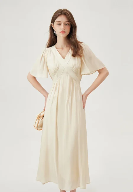 Women Flying Sleeve Temperament Long X LINE Dress French V neck Black Dress Office Lady Solid Dress 24FS12945