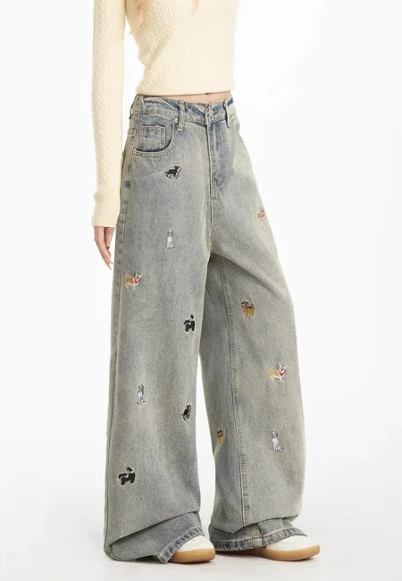 Women's Embroidered Puppy Patch Wide Leg Jeans American Retro Washed Jeans Female Casual Straight Denim Trousers