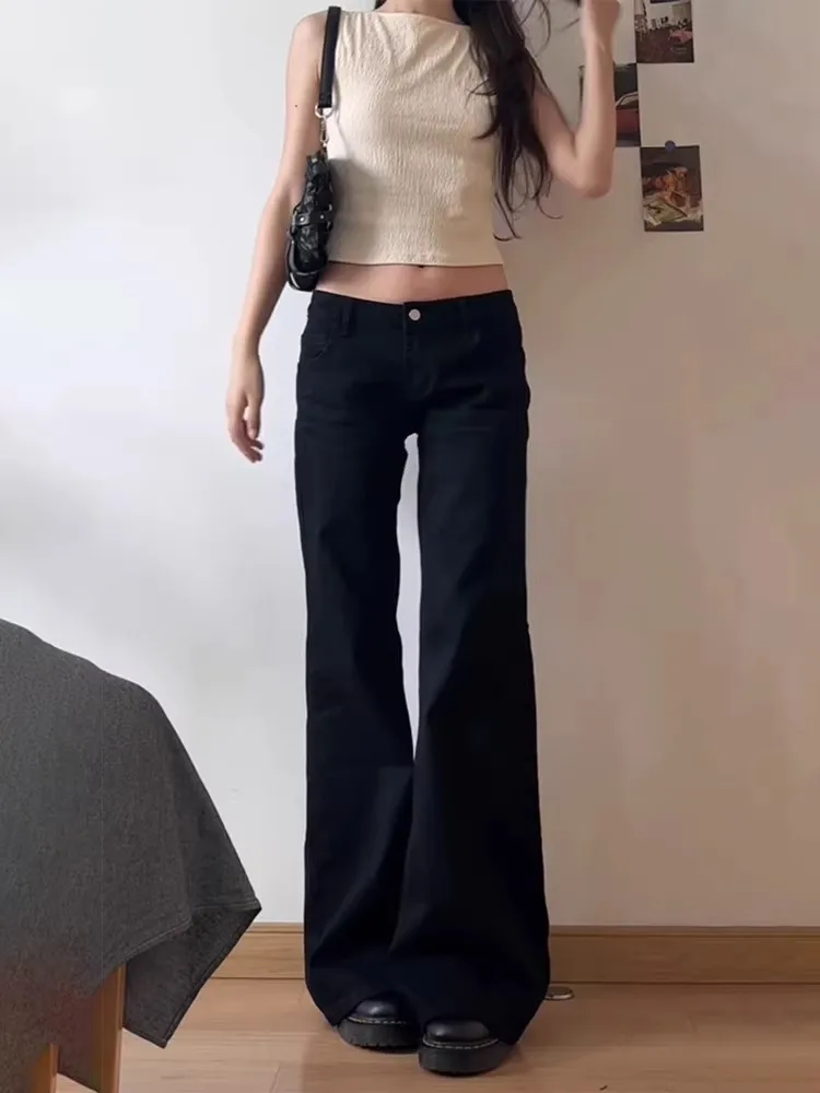 Y2K Baggy Black Bell bottoms Denim Trouser Washed Vintage Casual Pants Grunge Low Waist Solid Color Street Retro Jeans