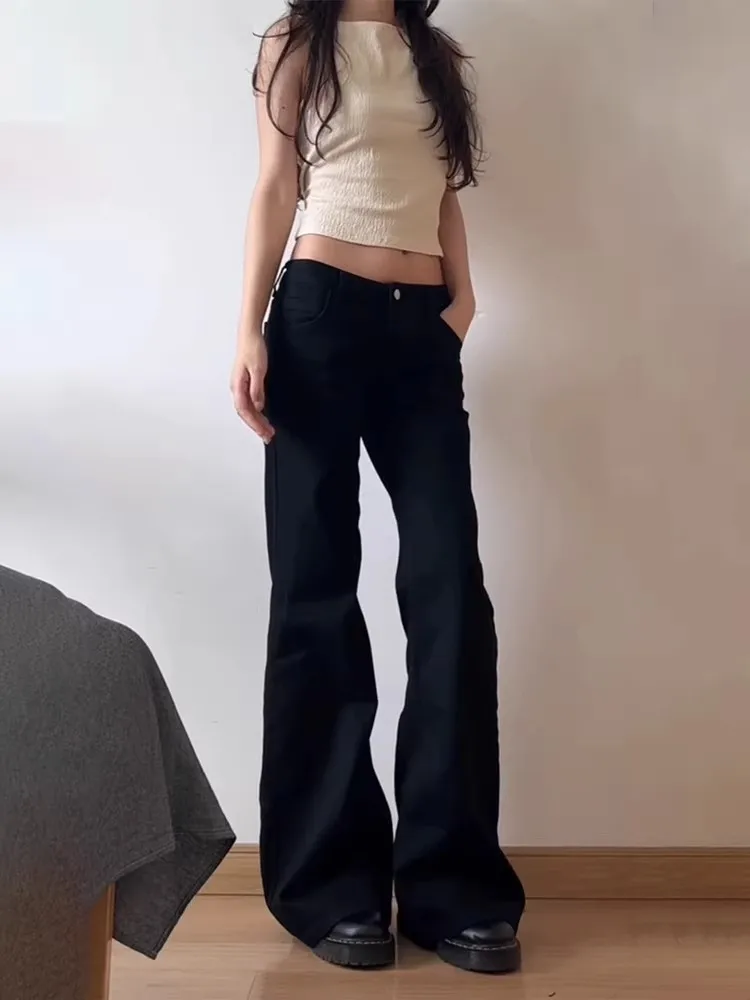 Y2K Baggy Black Bell bottoms Denim Trouser Washed Vintage Casual Pants Grunge Low Waist Solid Color Street Retro Jeans