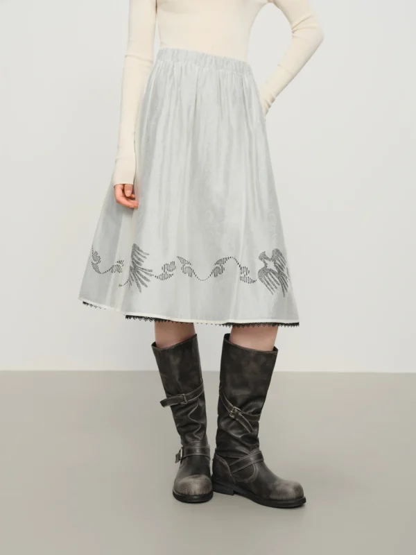 Double-Layer A-Line Knee-Length Skirt with Elastic Waist in Gray