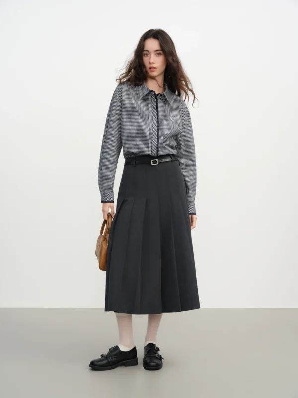 Retro Preppy Pleated A-Line Midi Skirt with Front Pocket
