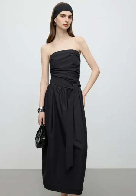 FSLE【Premium Series】Minimalism Old Money Style Black Elegant Tube Top Strappy Dress Female Summer New Arrival 25FE12087