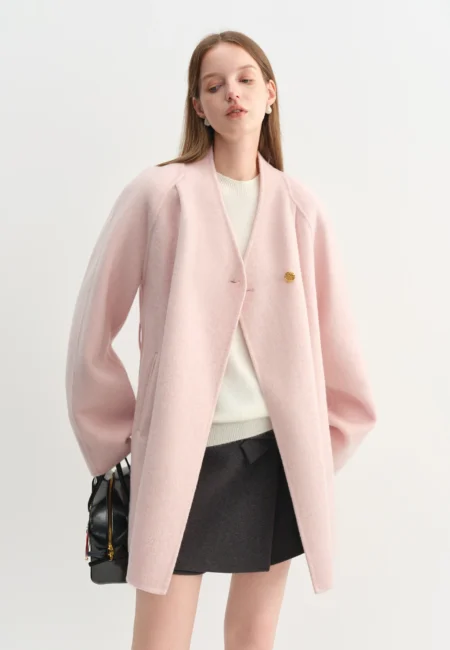 FSLE 【Premium Series】 Exquisite Tweed Wool Coat Petite Women Stylish Collarless Winter Outerwear Youthful Design Winter