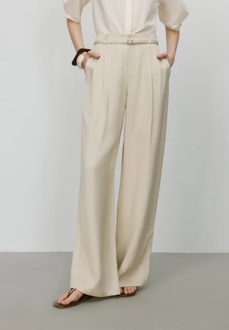 FSLE【Premium Series】Women High Waist Apricot Linen Long Wide Leg Pants Summer Office Lady Twill Trousers 25FE1