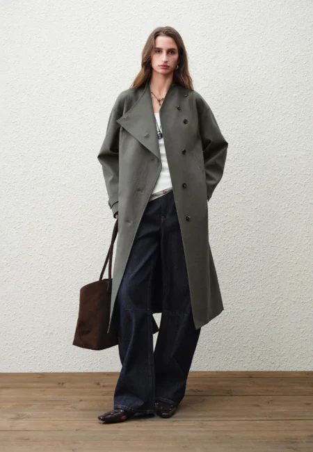 FSLE 【Premium Series】 Elegant Sophisticated Long Green Trench Coat with Stand up Collar Dropped Shoulders New Style Spring 2026