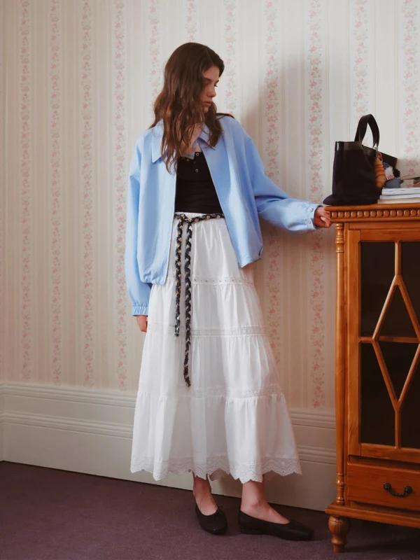 High Waist Lace-Trimmed A-Line Maxi Skirt in White