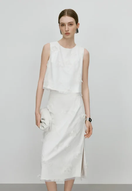 FSLE【Premium Series】Women Sleeveless Acetate Embroidered Shirt Skirt Sets Office Lady Temperament White Set 25FE12042+25FE12009