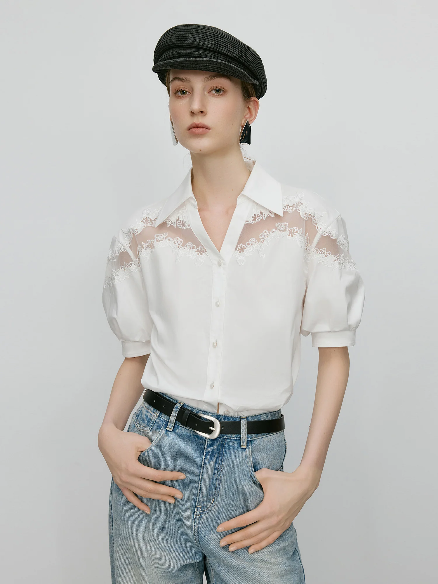 kf-S1d0fc2ecd7f34b6485ff10aa01f6f788O FSLE【Premium Series】 Summer Women's Textured Sheer Lace Blouse Breathable Layered Design & Elegant Cropped Fit