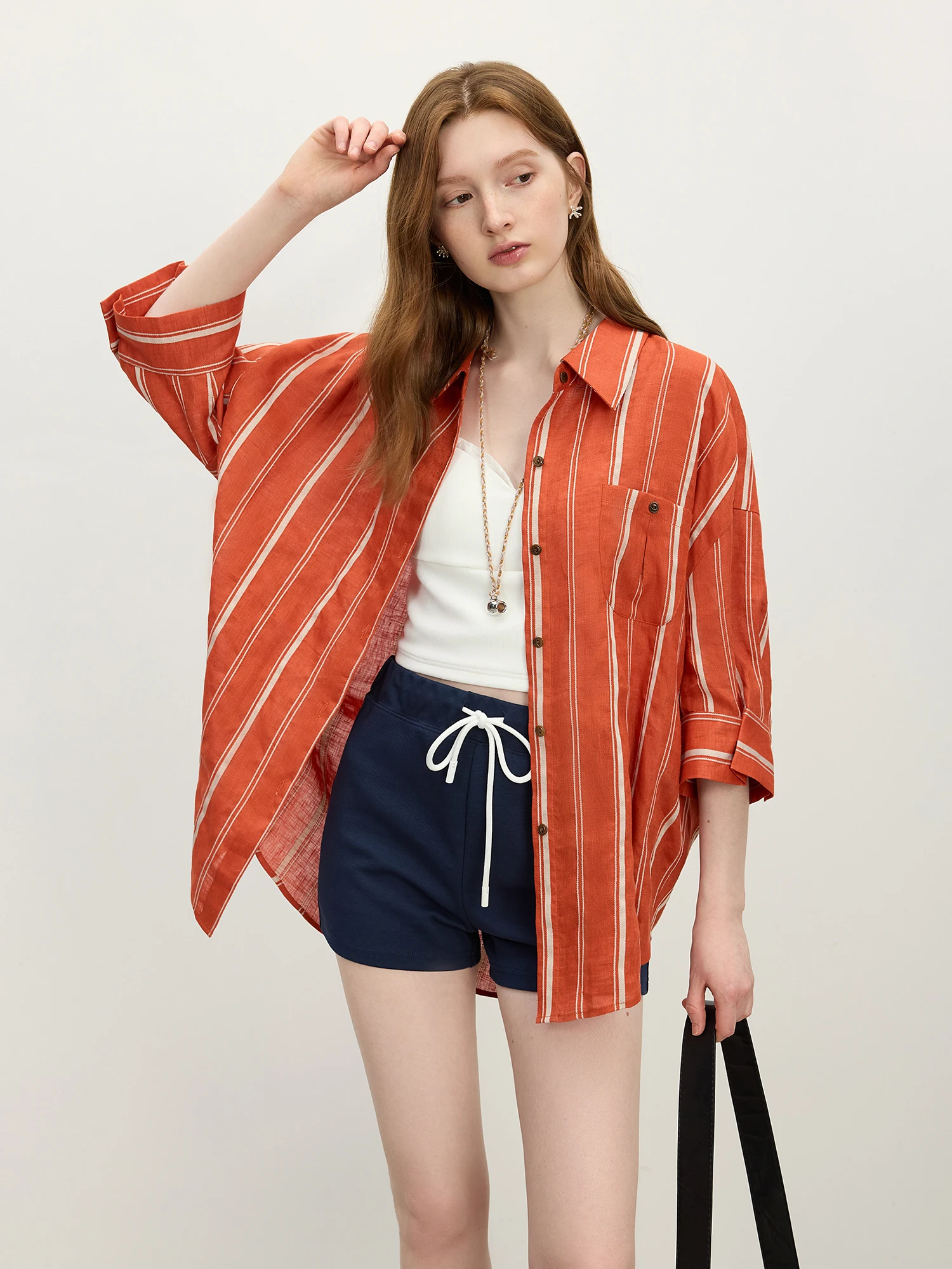 Kf-S1D48B401A9104Fdf9B96598714168C09X Minimalism Linen Seaside Holiday Season Old Money Style Loose Red Striped Shirt Female Summer New Arrival 25Fs12557