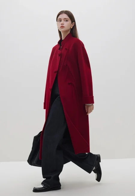 FSLE 4 6% Camel Hair 95 4% Wool Women Beige Chinese Style Disc Buckle Woolen Jacket 100% Wool Red Stand Collar Woolen Coats