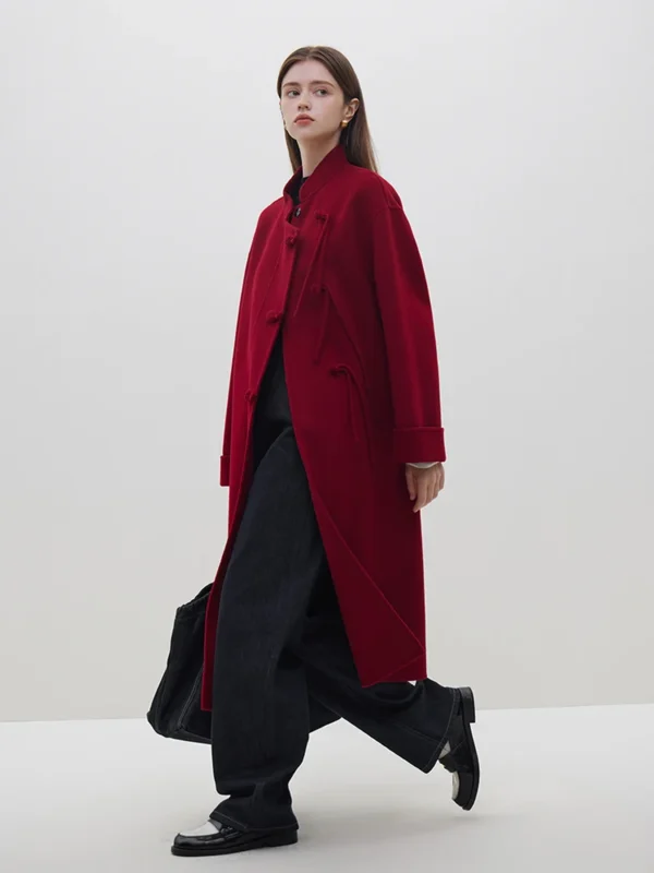 FSLE 4 6% Camel Hair 95 4% Wool Women Beige Chinese Style Disc Buckle Woolen Jacket 100% Wool Red Stand Collar Woolen Coats