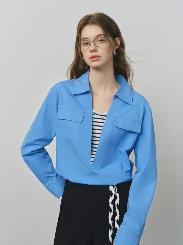 ​FSLE Women's Color Block False Two Piece Shirt Pullover Office Casual Blouse Autumn Loose Fit Top with Layered Design​