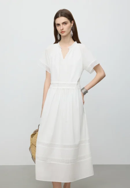 FSLE【Premium Series】Lace Patchwork Short sleeved Dress Holiday Style Dress 25FE12080