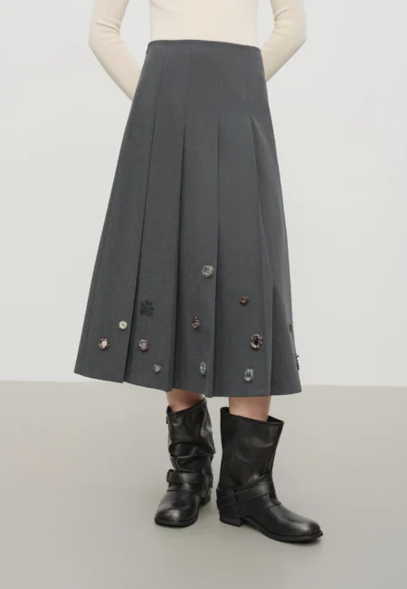 FSLE【Premium Series】 Winter Women's Academic Style Pleated Skirt Hand Embellished A Line Mid Length Skirt with High Waist