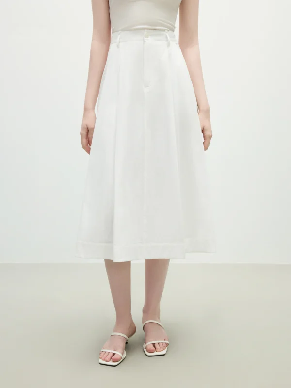 FSLE Summer French High Waist A Line Skirt Office Chic Ivory Midi with Adjustable Waist & Hidden Pockets 25FS12197