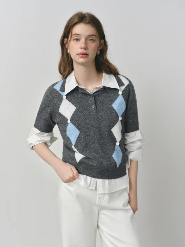 Dark Grey Checkered Short-Sleeved Wool Blend Knit Top