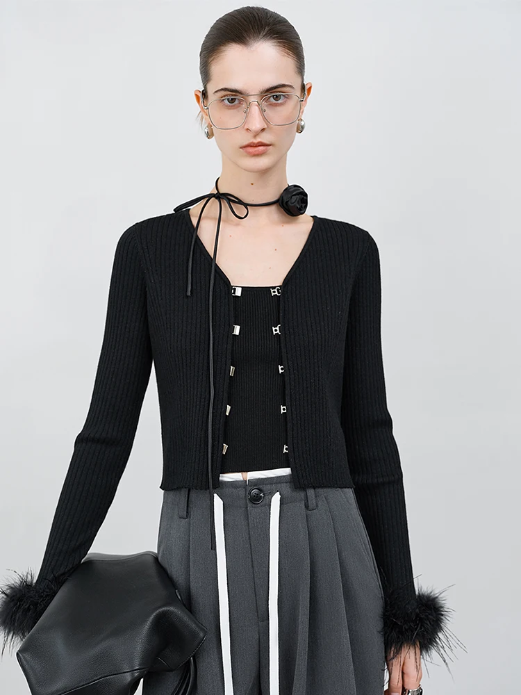 kf-S31087d70ba4f4b788ac832b879478635n FSLE【Premium Series】Elegant Ostrich Feather Sleeve Sweater For Women Spring New Design Chic Outfit 25FS11091