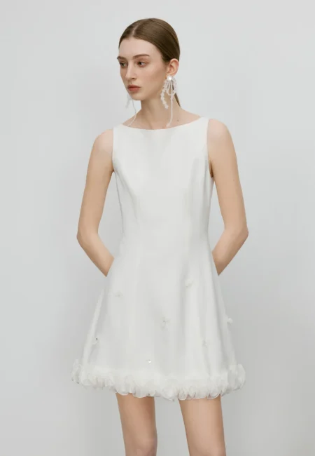 FSLE【Premium Series】Women Boat Neck White Acetate Dress Petal Design Female Dinner Meeting Black Temperament Dress 25FE12004