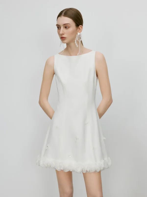 Women’s Boat Neck Acetate Mini Dress with Petal Detail