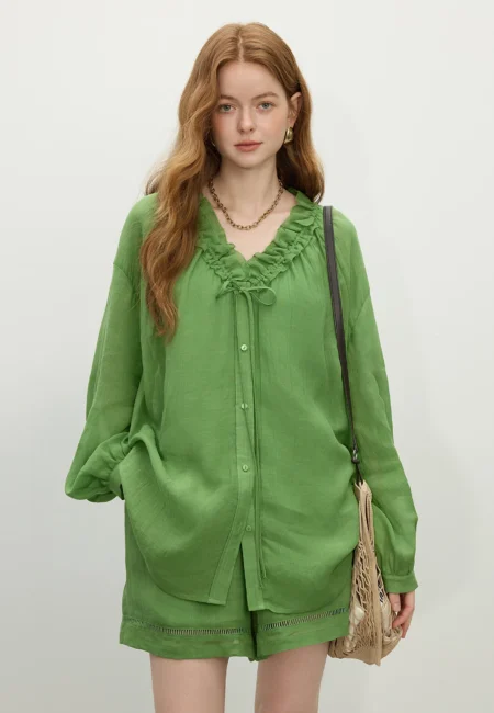Women Shirt Shorts Sets Female Spring Thin Green Long Sleeve Blouses 57 9% Ramie Female Two Sets 25FS11230+25FS11247