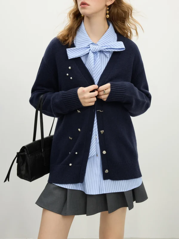 Navy Blue Wool Blend V-Neck Cardigan with Nail Bead Detail