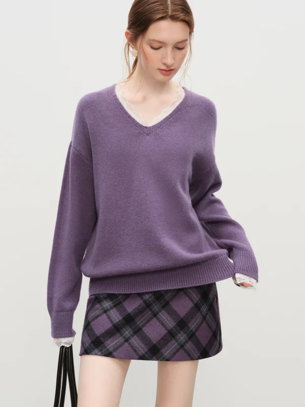 Women's V-Neck Lace Knit Wool Blend Sweater – Relaxed Fit