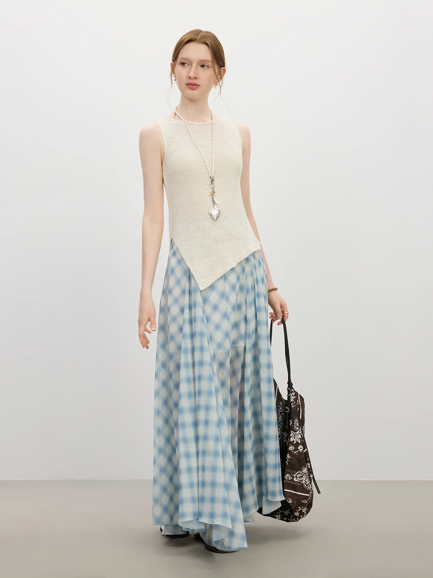 kf-S36ab8f0a3d7f4f6b99459ad9095e10e8B FSLE Women's Summer New Arrival Irregular A line Hem Plaid Skirt Flowing Relaxed Fit Skirts 25FS12713