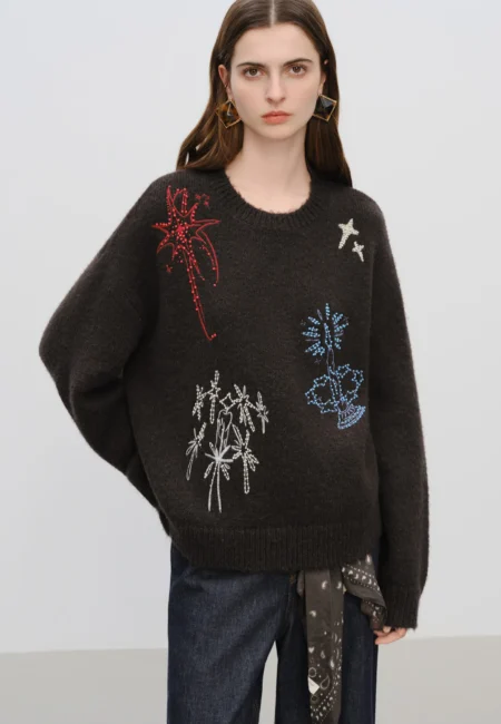 FSLE【Premium Series】 Winter Women's Vintage Beaded Embroidery Round Neck Knit Sweater Retro Elegant Rhinestone Knitwear Y2K