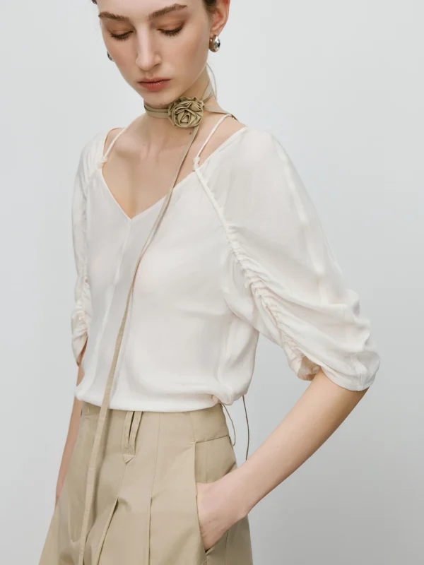 Minimalist White Pleated Acetate Long-Sleeve Shirt
