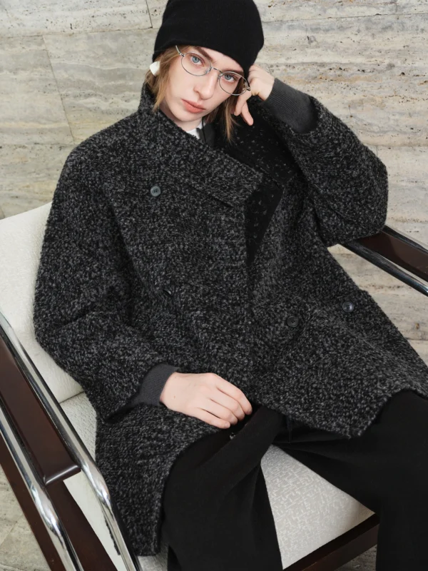 Women's Tweed Wool Blend Turtleneck Overcoat - Mid-Length Winter Coat