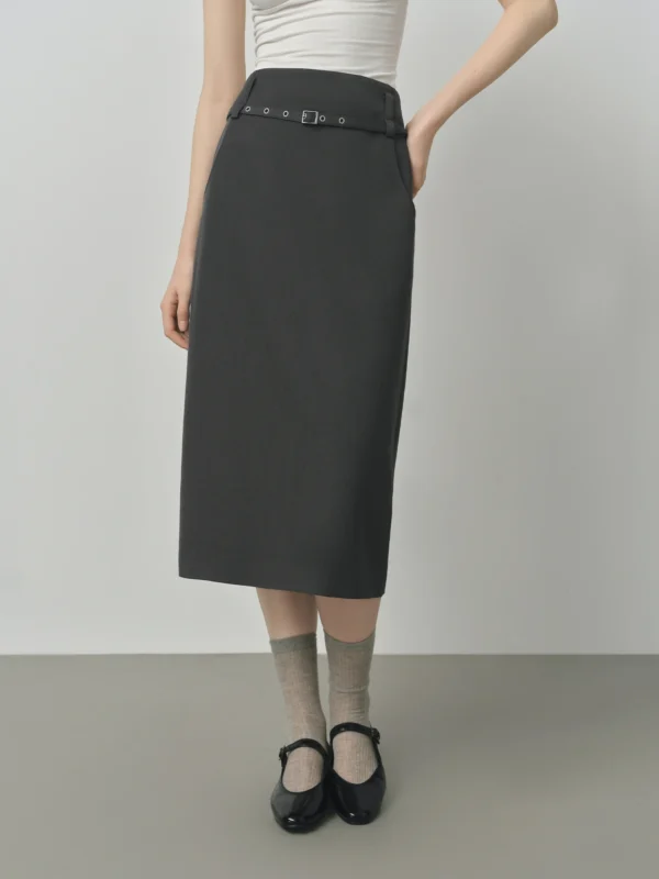 FSLE Dark Gray Retro Straight Skirt For Women Autumn New Arrival Minimal Temperament Commuting Office Chic Skirt 25FS13271