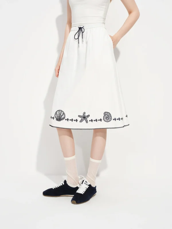 Ocean Pattern Embroidered White Midi Skirt with High Waist A-line Silhouette