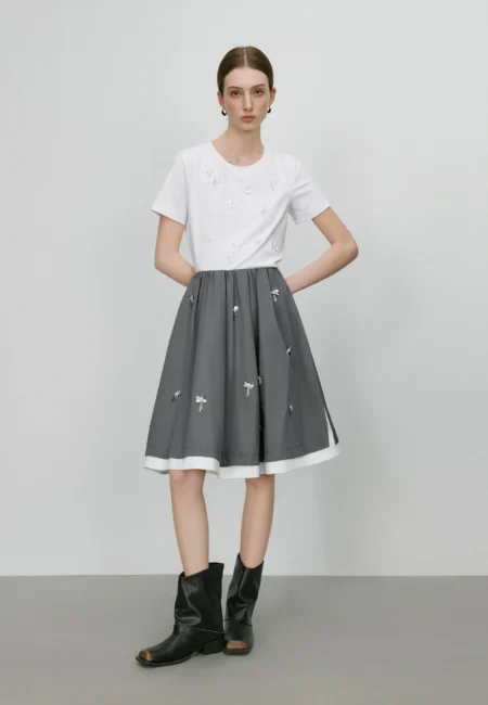 FSLE【Premium Series】Contrast Color Stitching Beading Design Women Skirts Grey White Patchwork Female Summer Skirt 25FE12005