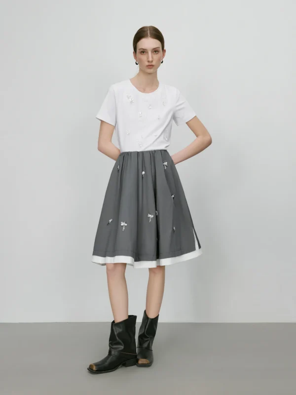 Knee-Length Cotton Skirt with Grey and White Patchwork Detail