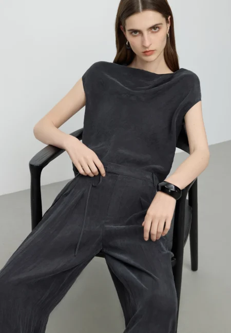 FSLE 【Premium Series】Draped Collar Sleeveless Shirt and Tro Set for Women Summer New Collection 25FE12075+25FE12074