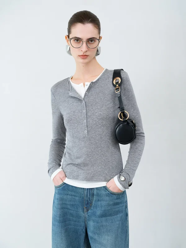 FSLE 【Premium Series】Fake Two Knitted T shirts Spring New Round Neck Hooded Casual Loose T shirt 25FS11320