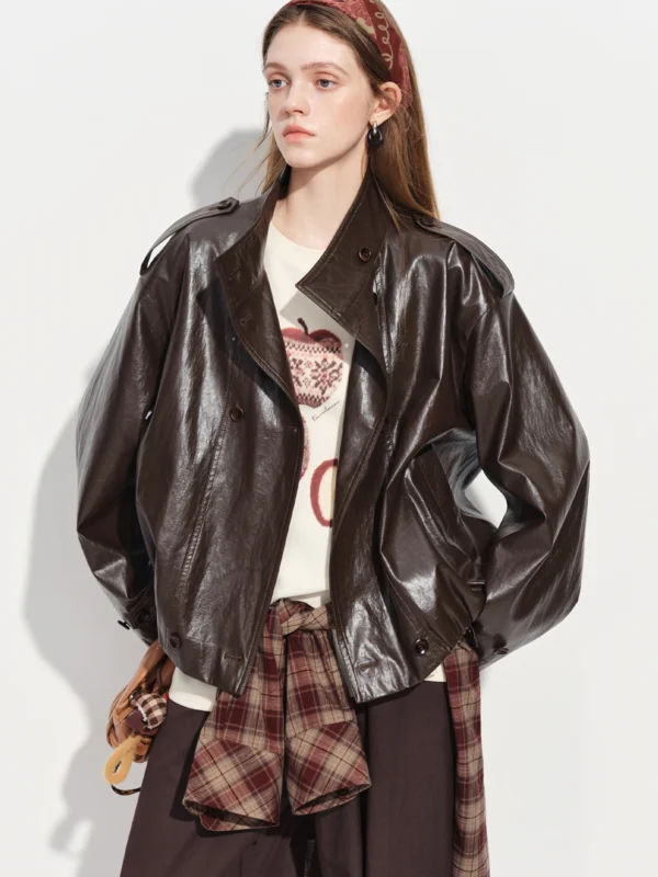 FSLE【Premium Series】Women's Oversize Short Trench Coat Brown Faux Leather Belted Jacket Grey Windbreaker Y2K Retro Outerwear